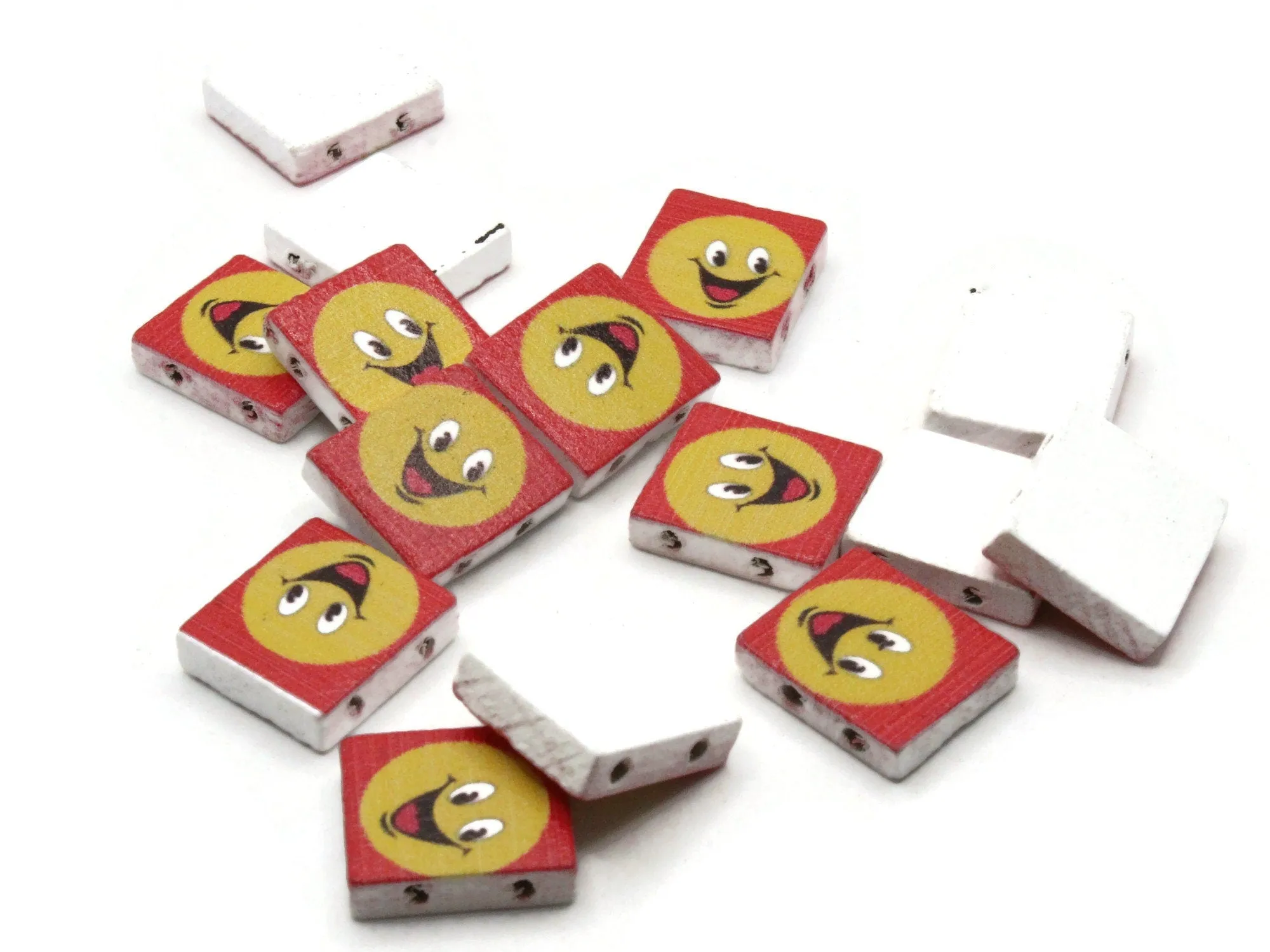 15 20mm Red and Yellow Beads Wooden Rectangle Happy Face Beads - Two Hole Emoji Beads