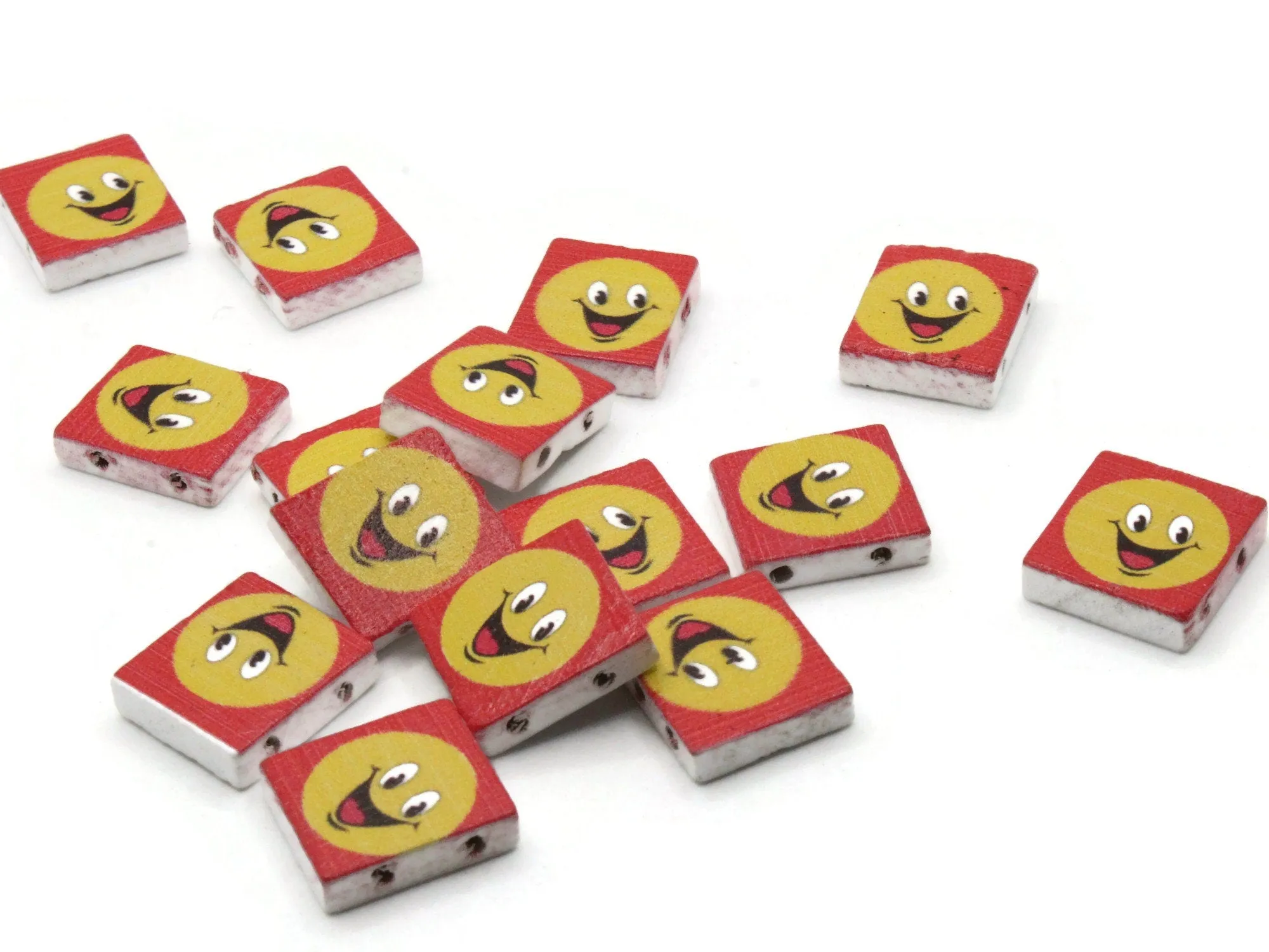 15 20mm Red and Yellow Beads Wooden Rectangle Happy Face Beads - Two Hole Emoji Beads