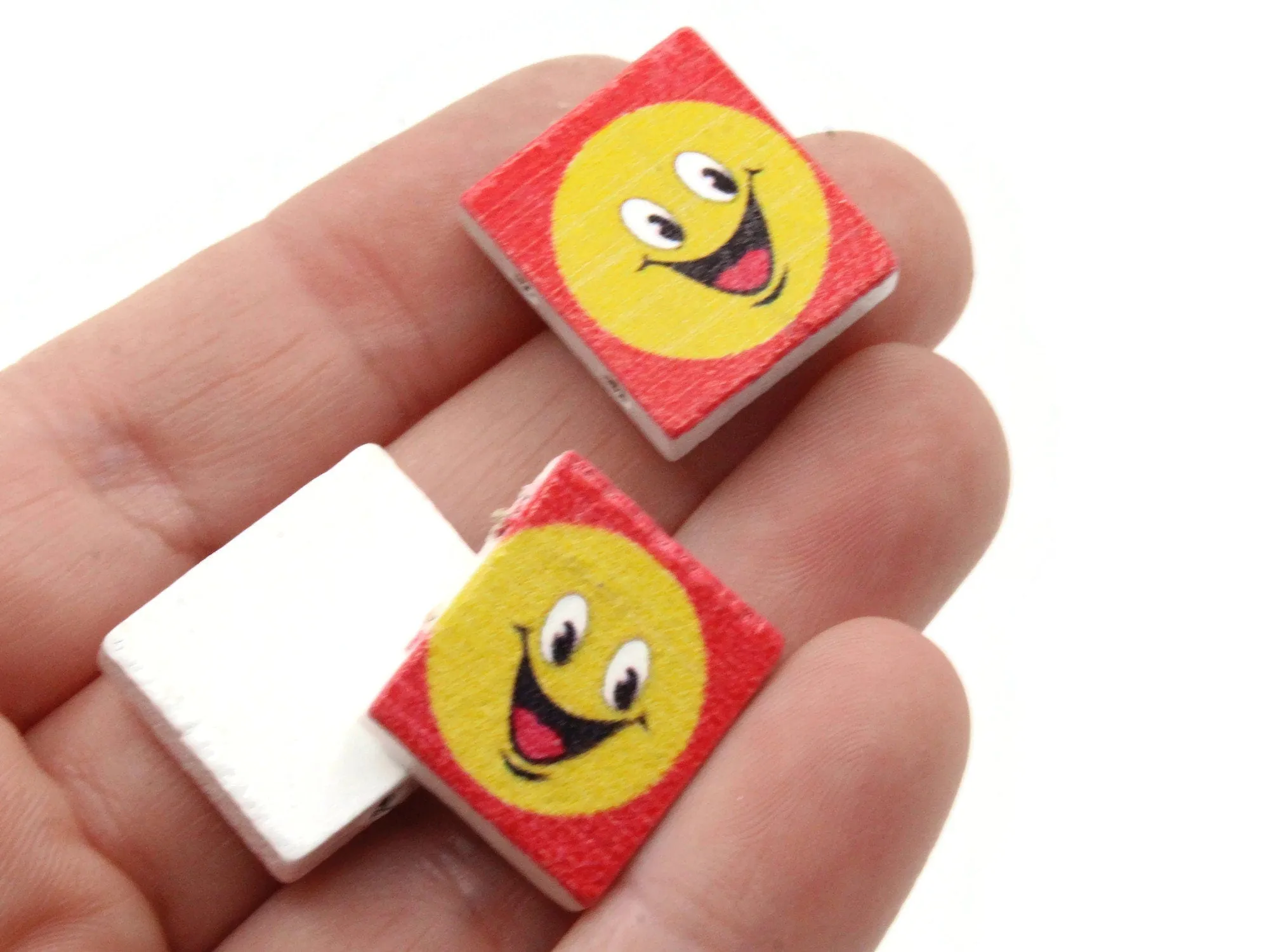 15 20mm Red and Yellow Beads Wooden Rectangle Happy Face Beads - Two Hole Emoji Beads