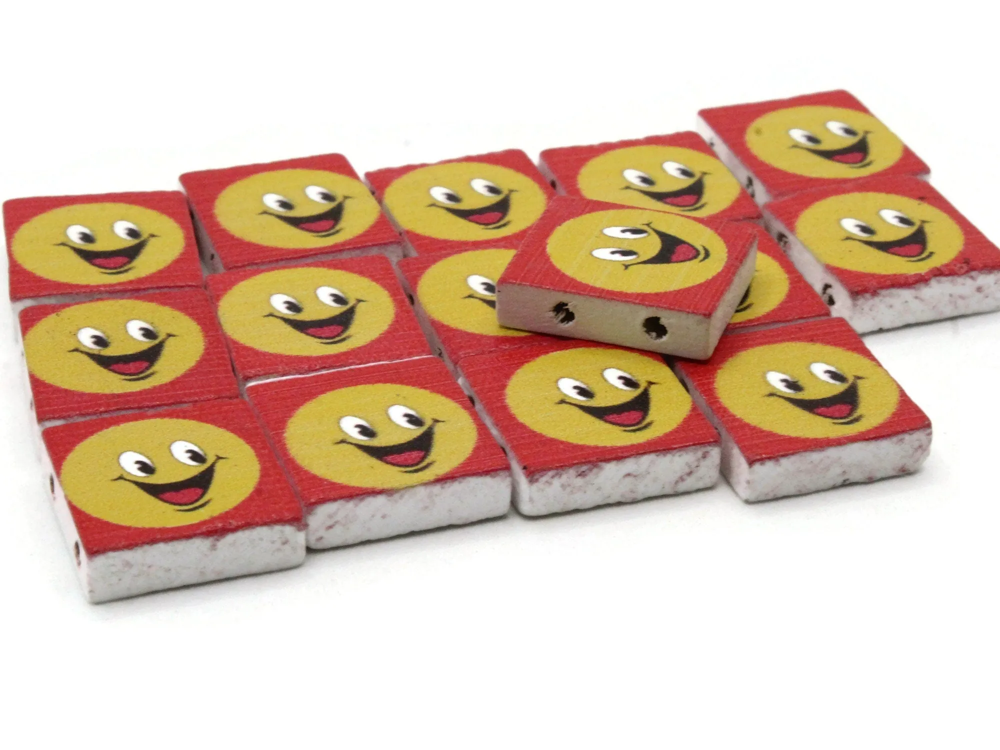 15 20mm Red and Yellow Beads Wooden Rectangle Happy Face Beads - Two Hole Emoji Beads