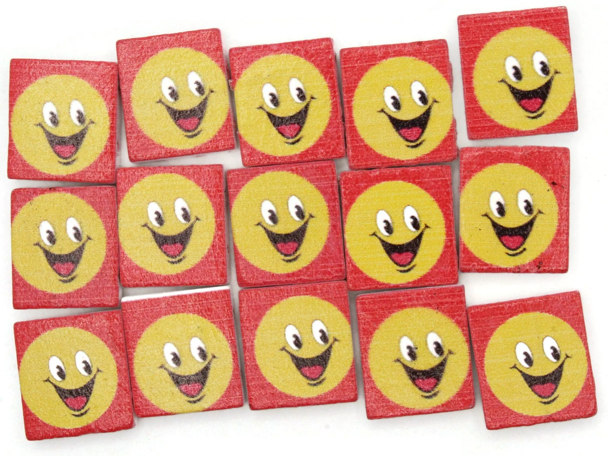 15 20mm Red and Yellow Beads Wooden Rectangle Happy Face Beads - Two Hole Emoji Beads