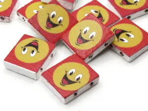 15 20mm Red and Yellow Beads Wooden Rectangle Happy Face Beads - Two Hole Emoji Beads