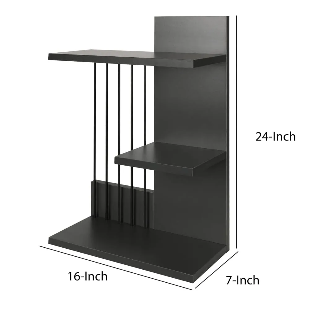 16 Inch 3 Tier Rectangular Wood Floating Wall Mount Shelf with Vertical Bars Accent, Charcoal Gray By The Urban Port