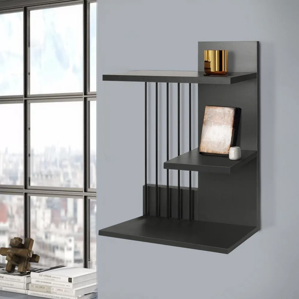 16 Inch 3 Tier Rectangular Wood Floating Wall Mount Shelf with Vertical Bars Accent, Charcoal Gray By The Urban Port