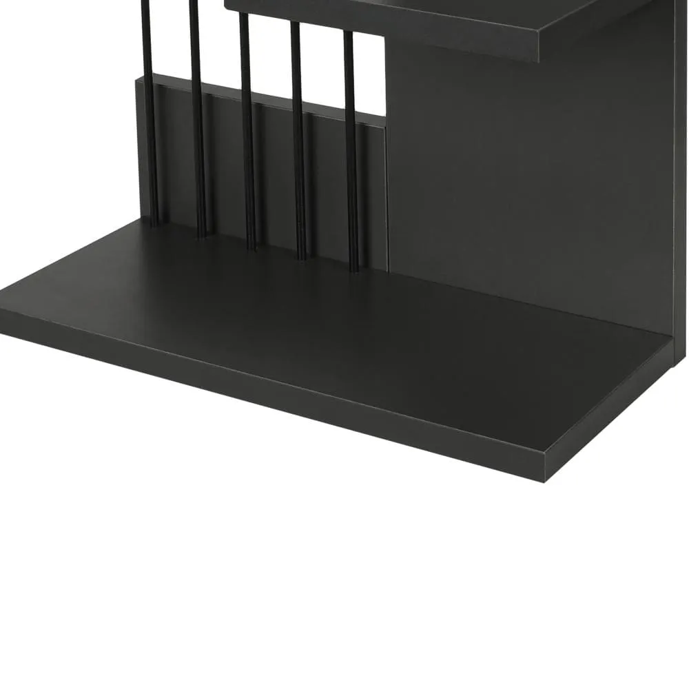 16 Inch 3 Tier Rectangular Wood Floating Wall Mount Shelf with Vertical Bars Accent, Charcoal Gray By The Urban Port