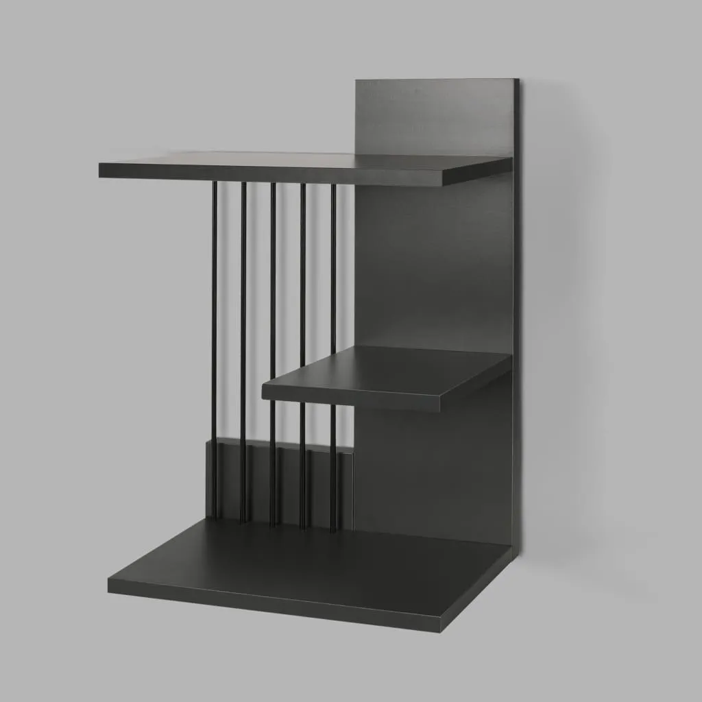 16 Inch 3 Tier Rectangular Wood Floating Wall Mount Shelf with Vertical Bars Accent, Charcoal Gray By The Urban Port