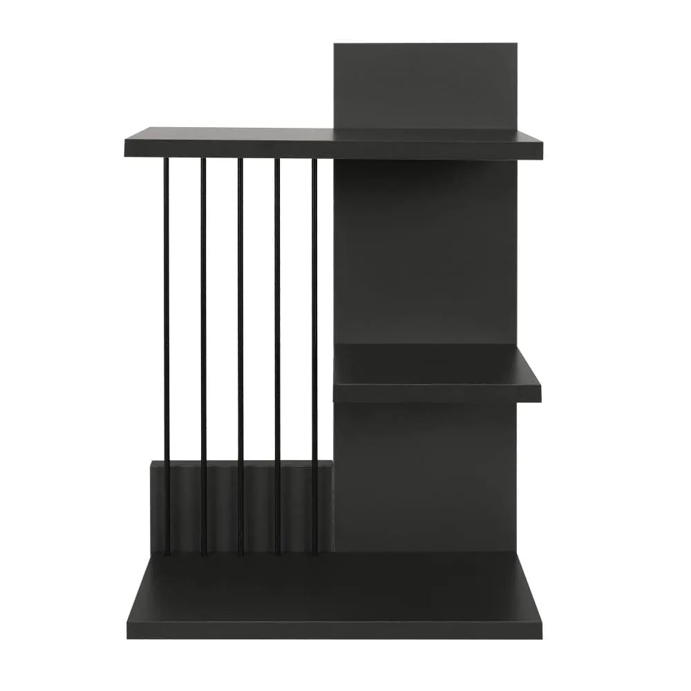 16 Inch 3 Tier Rectangular Wood Floating Wall Mount Shelf with Vertical Bars Accent, Charcoal Gray By The Urban Port