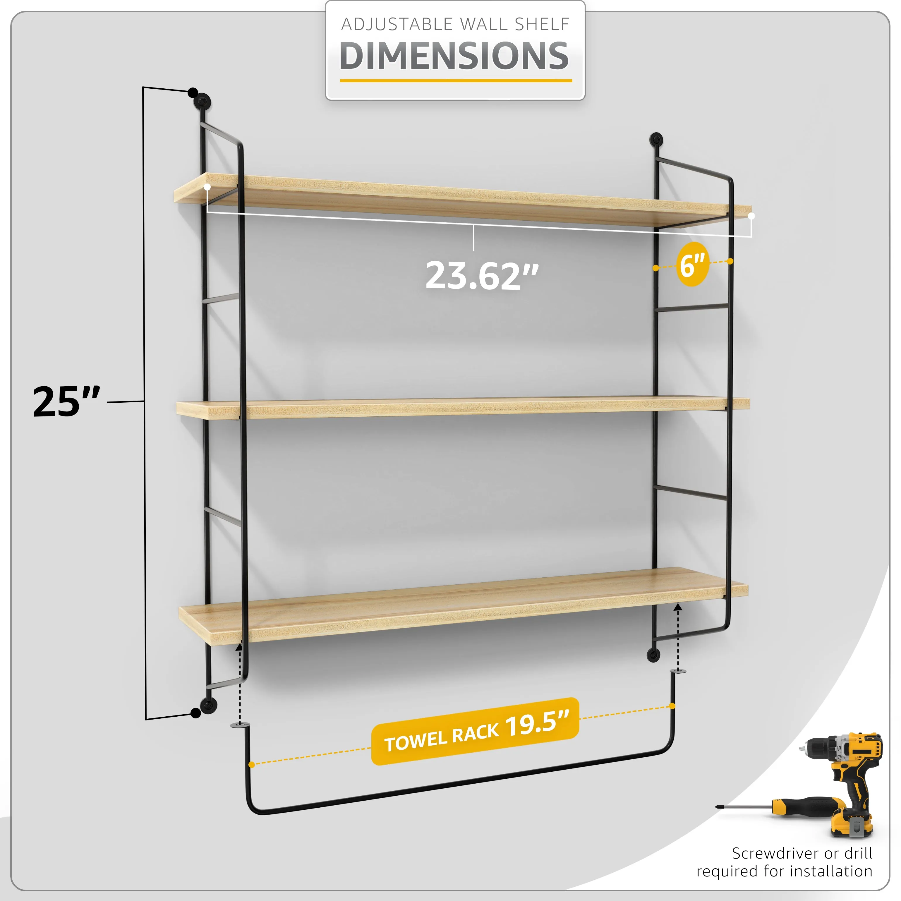 Floating Bathroom Shelf with Metal Brackets (3 Tier)