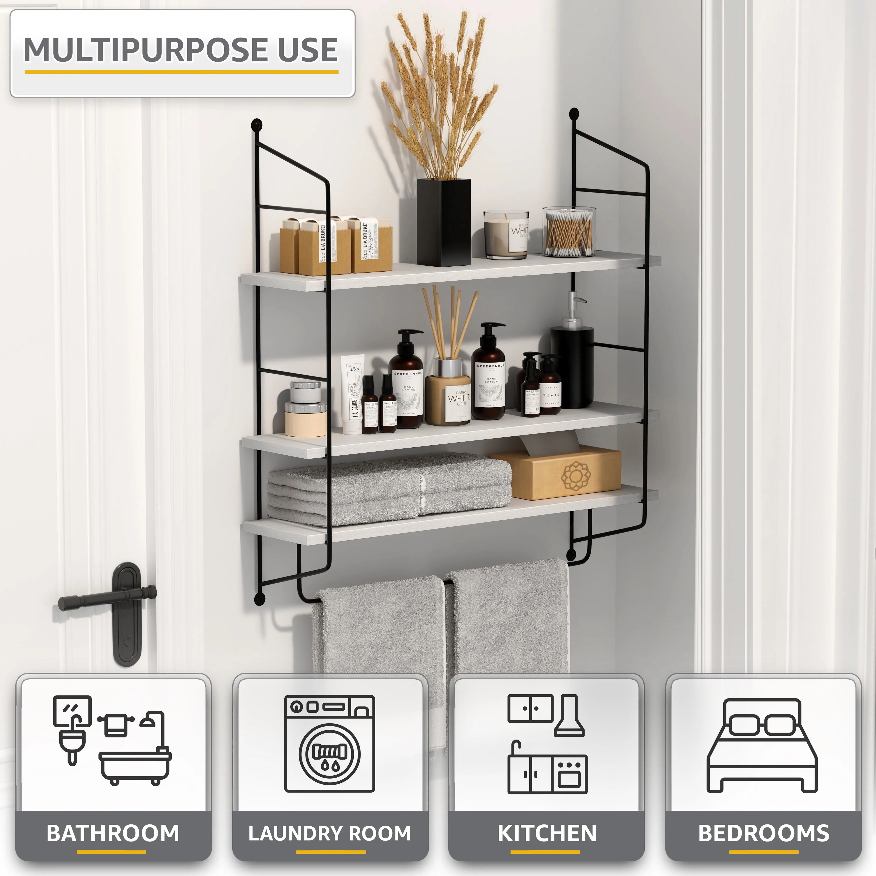 Floating Bathroom Shelf with Metal Brackets (3 Tier)