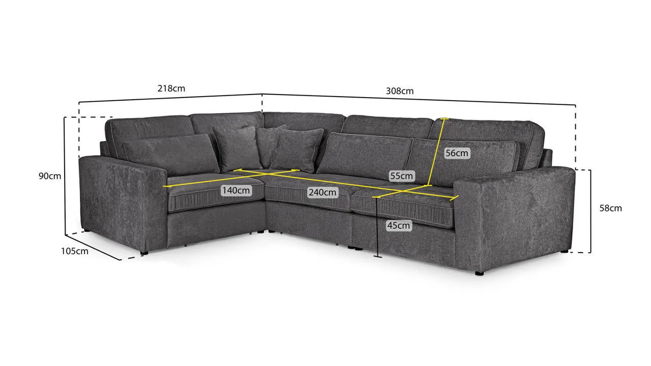 Kylie Modular Sofa - Grey Left Hand Facing Corner - 218 x 308 CM