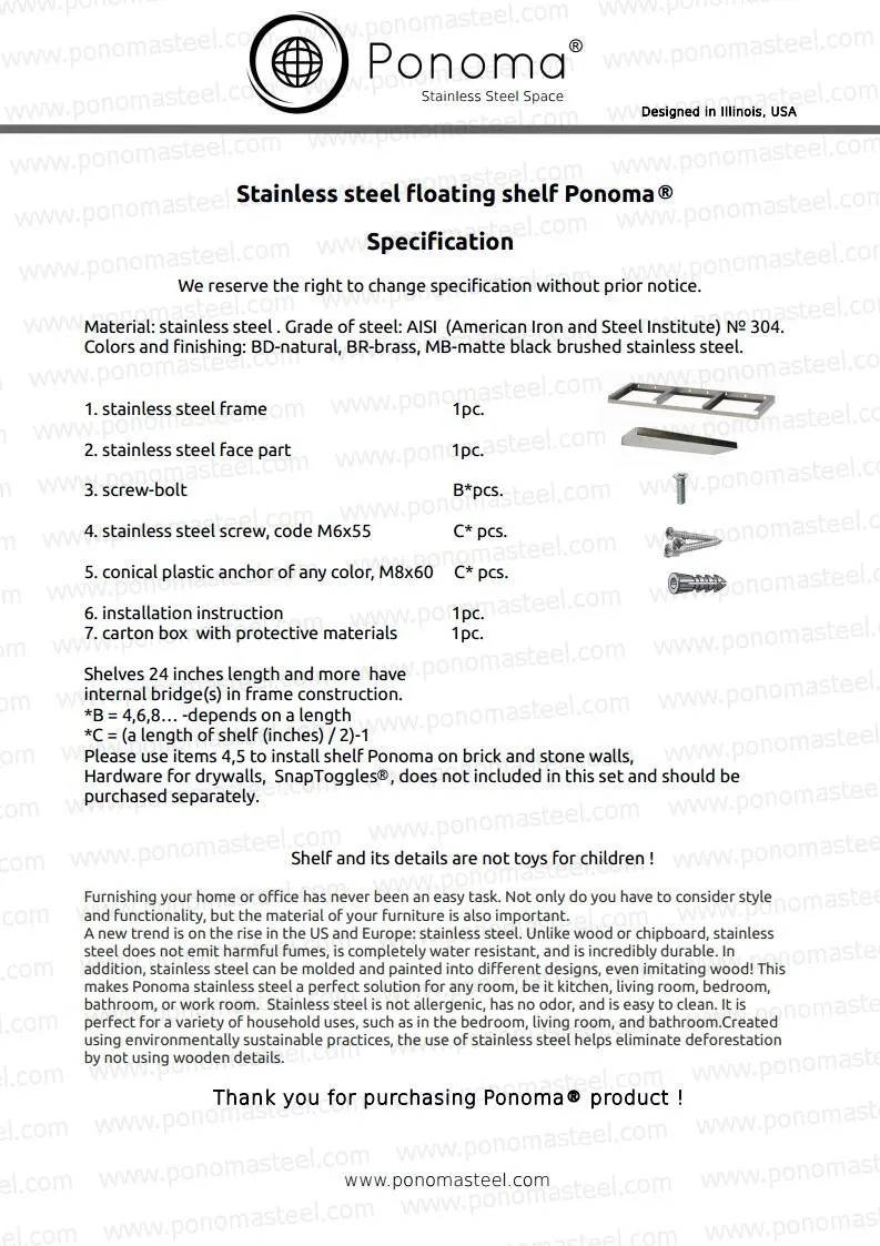 Metal shelves 53"- 62" (cm. 135 - 157,5) made-to-order floating shelves Ponoma®