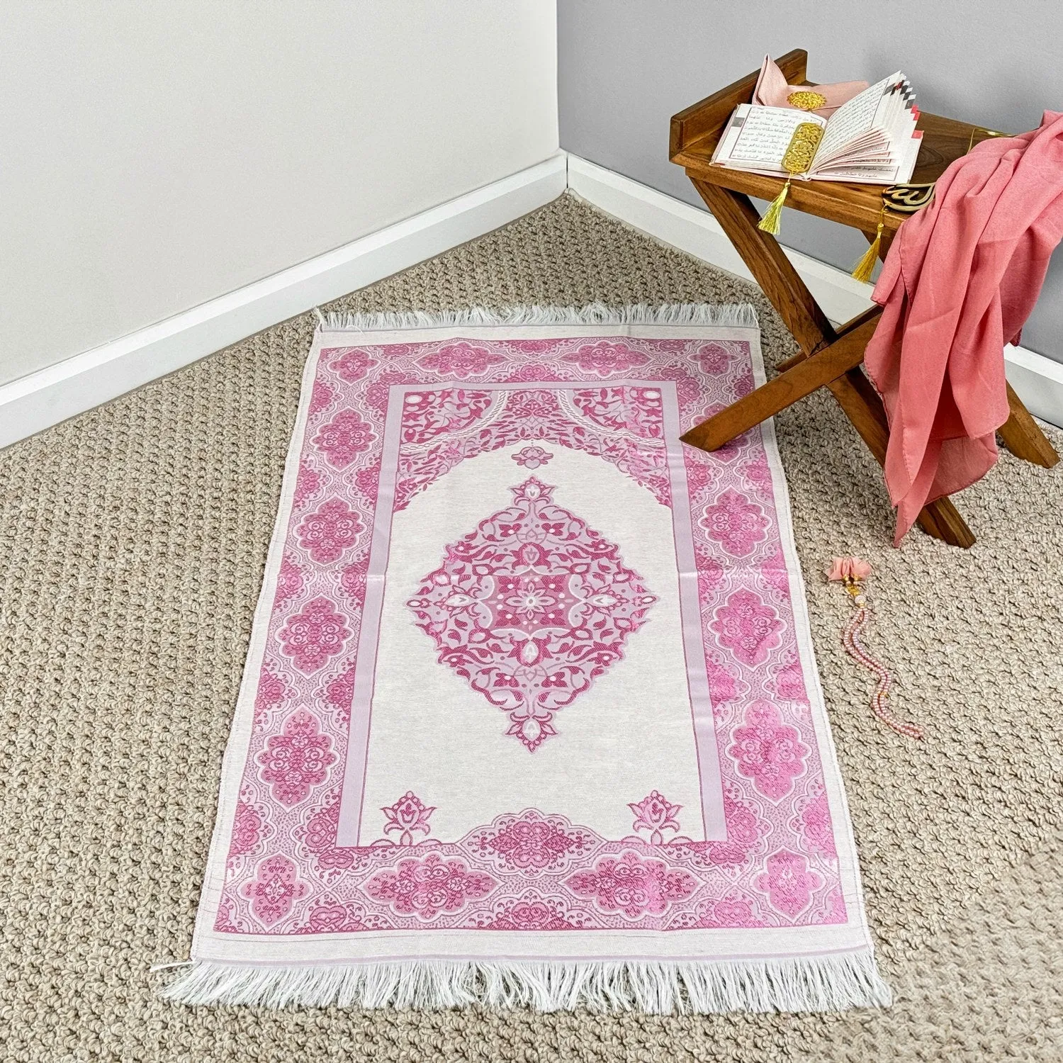 Prayer Rug Mat, Rose Color Prayer Set - Islamic Gift