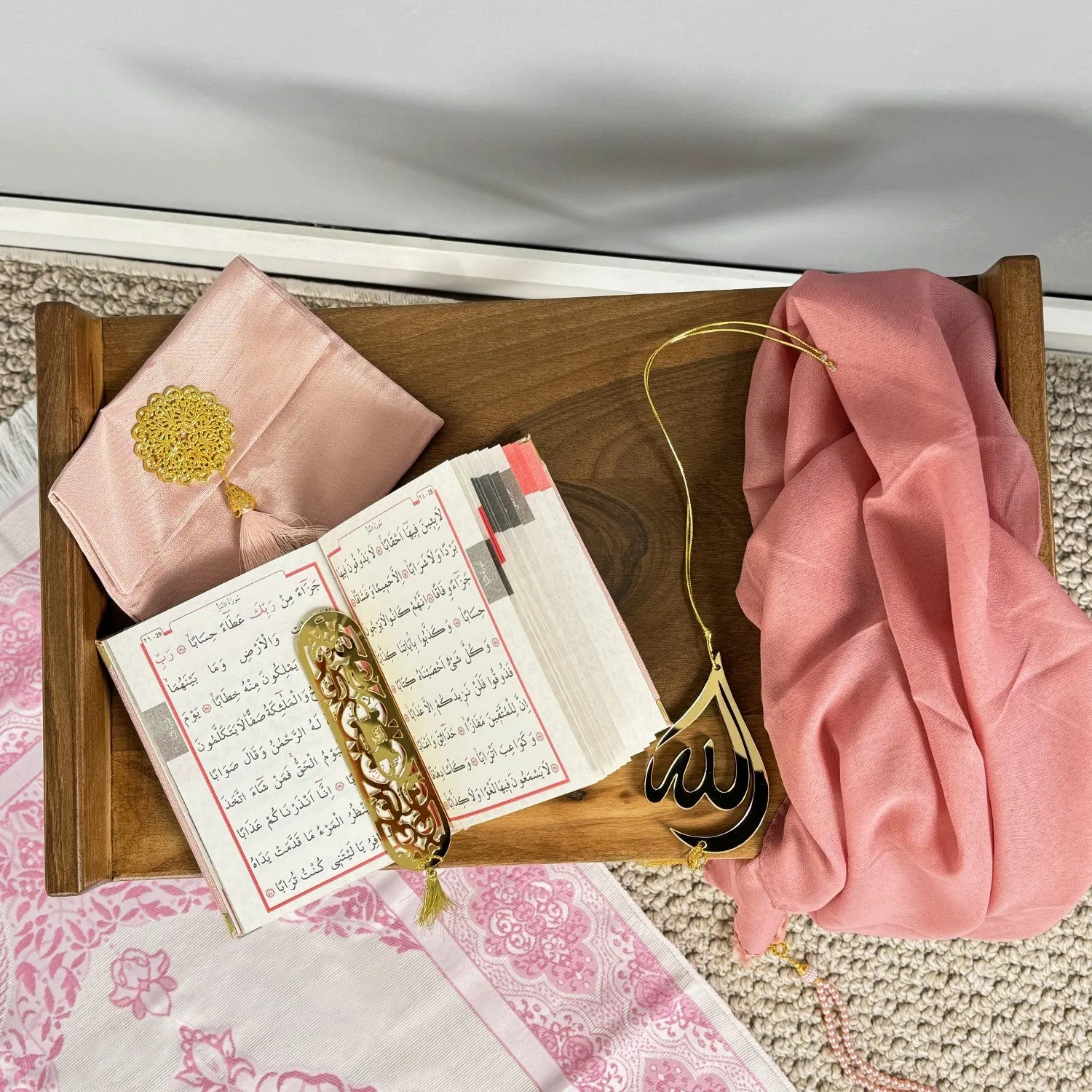 Prayer Rug Mat, Rose Color Prayer Set - Islamic Gift