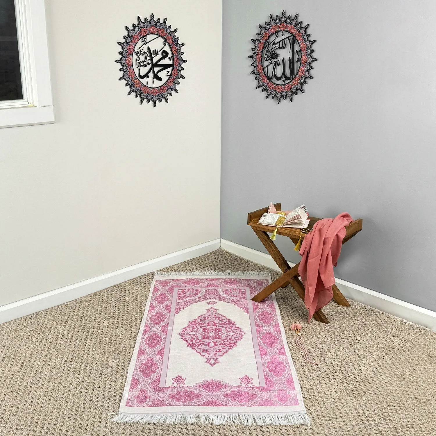 Prayer Rug Mat, Rose Color Prayer Set - Islamic Gift