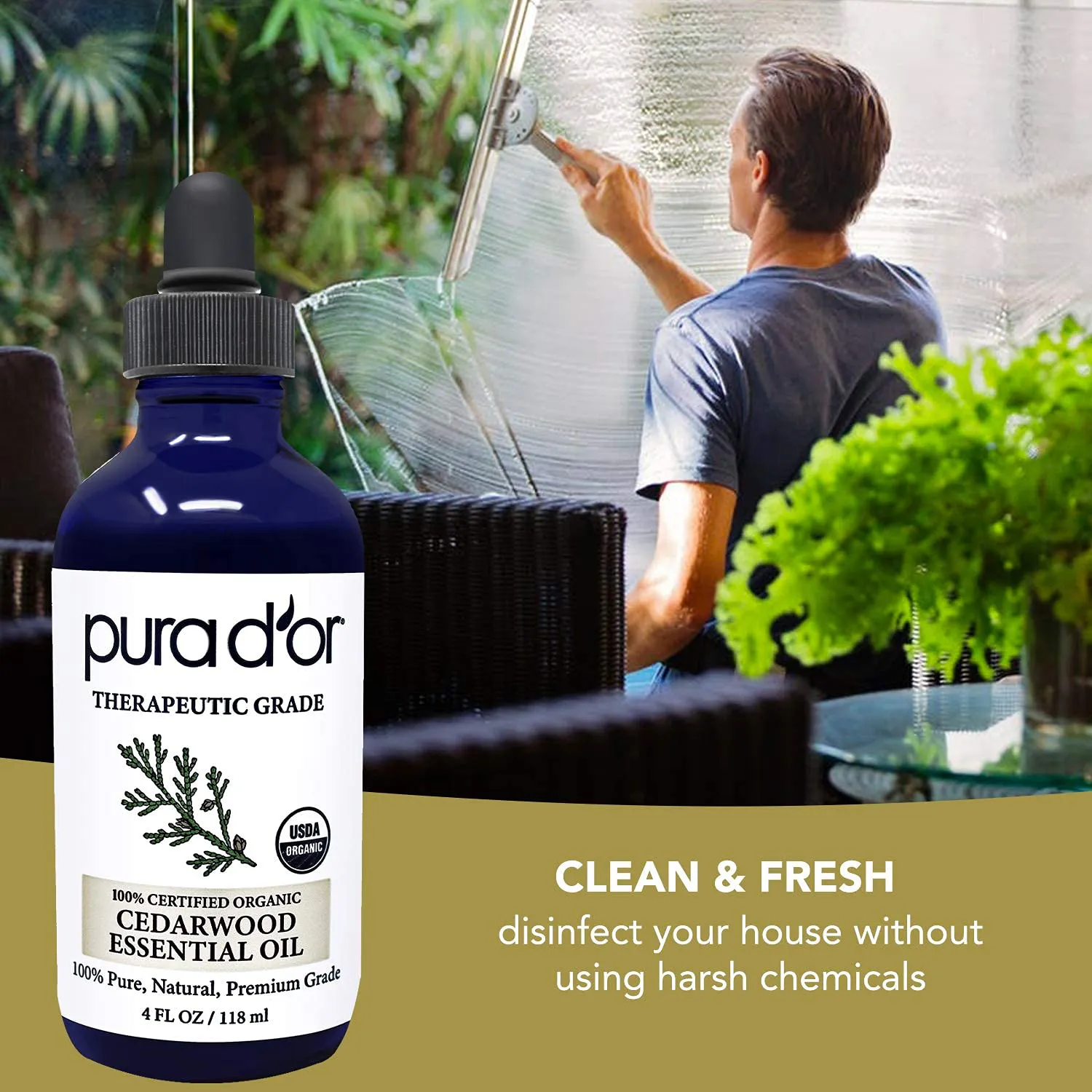 PURA D’OR Cedarwood Essential Oil (4Oz / 118Ml) USDA Organic 100% Pure & Natural Therapeutic Grade Diffuser Oil for Aromatherapy, Relaxation, Healthy Looking Skin & Hair