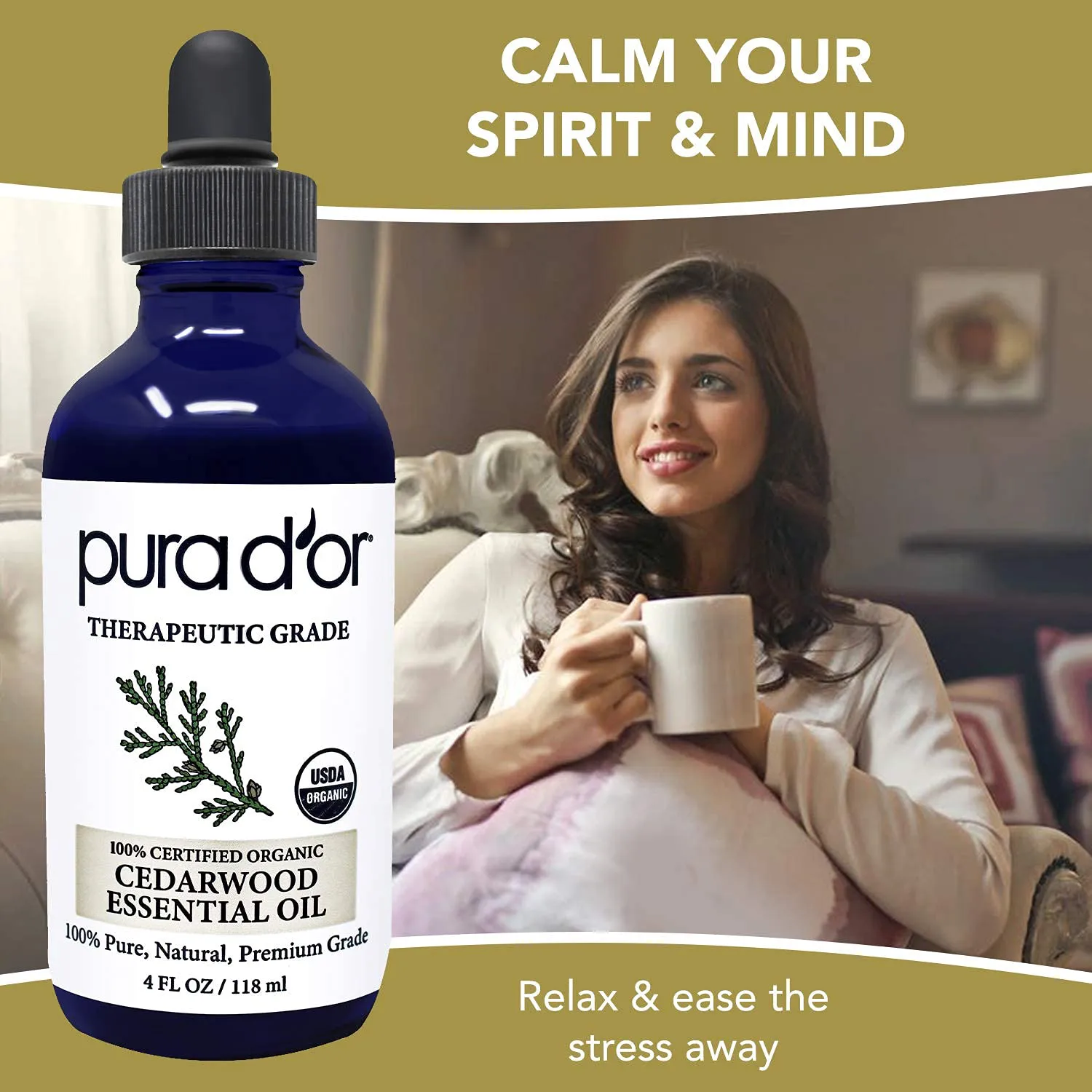 PURA D’OR Cedarwood Essential Oil (4Oz / 118Ml) USDA Organic 100% Pure & Natural Therapeutic Grade Diffuser Oil for Aromatherapy, Relaxation, Healthy Looking Skin & Hair
