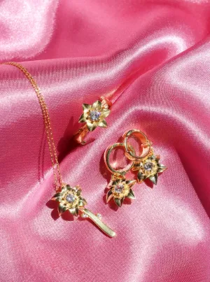 Rapunzel Flower Gleam and Glow Necklace Earring Ring Set, 925 Sterling Silver