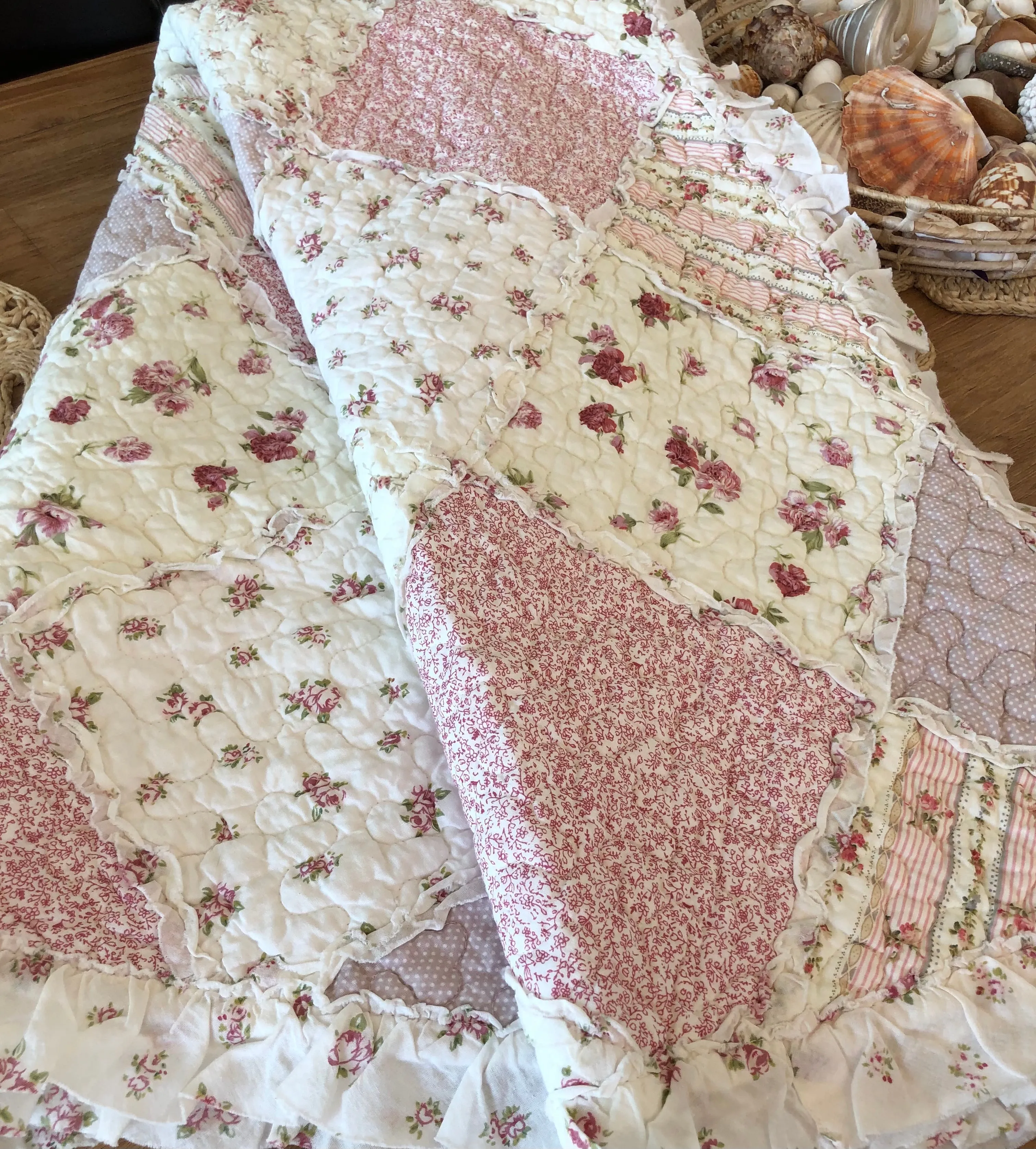Sarah Rose Floral Multi Quilted Patchwork Cotton Throw Rug with Ruffle Border