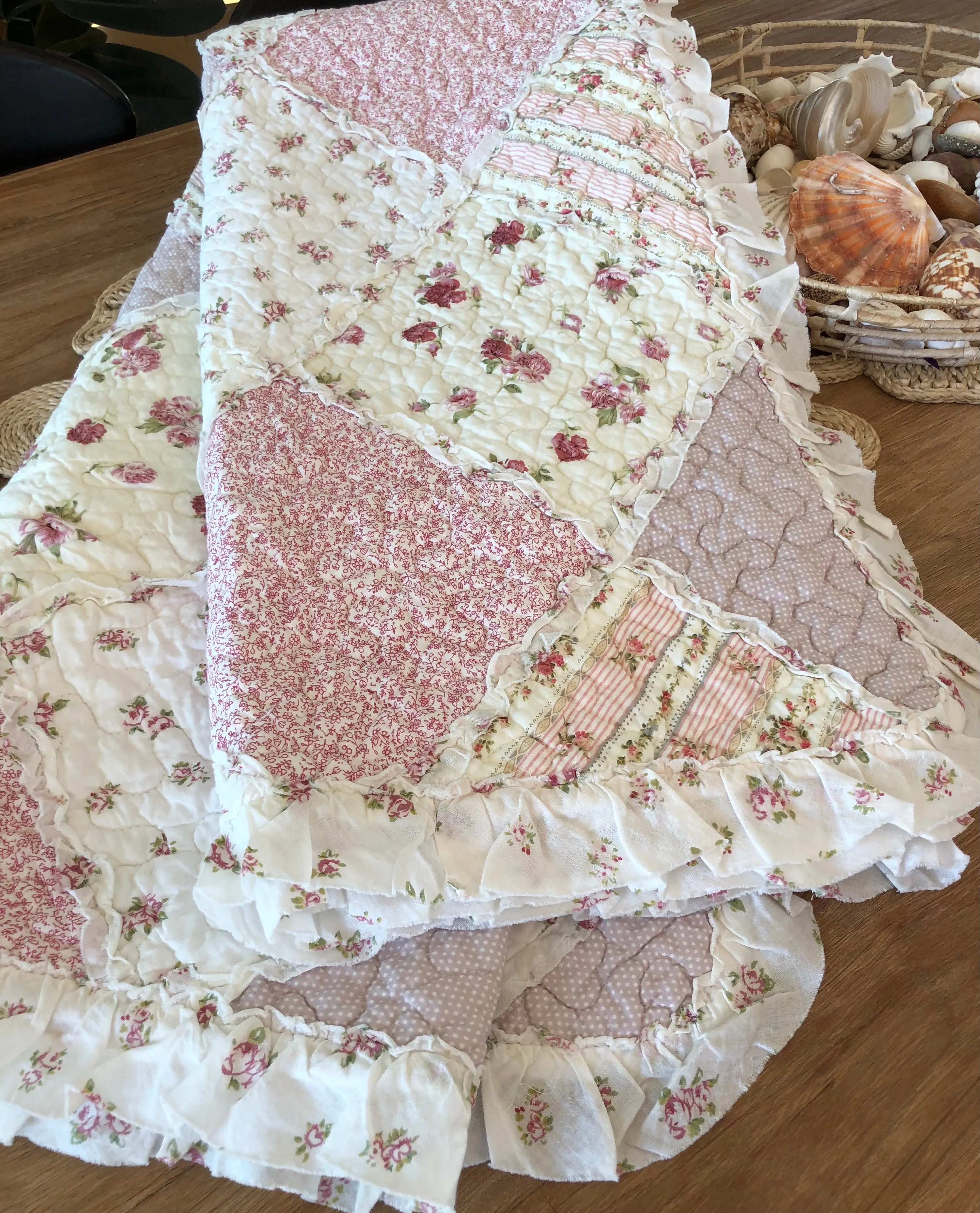 Sarah Rose Floral Multi Quilted Patchwork Cotton Throw Rug with Ruffle Border