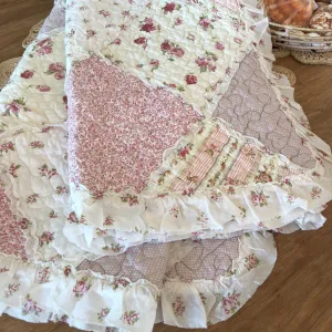 Sarah Rose Floral Multi Quilted Patchwork Cotton Throw Rug with Ruffle Border