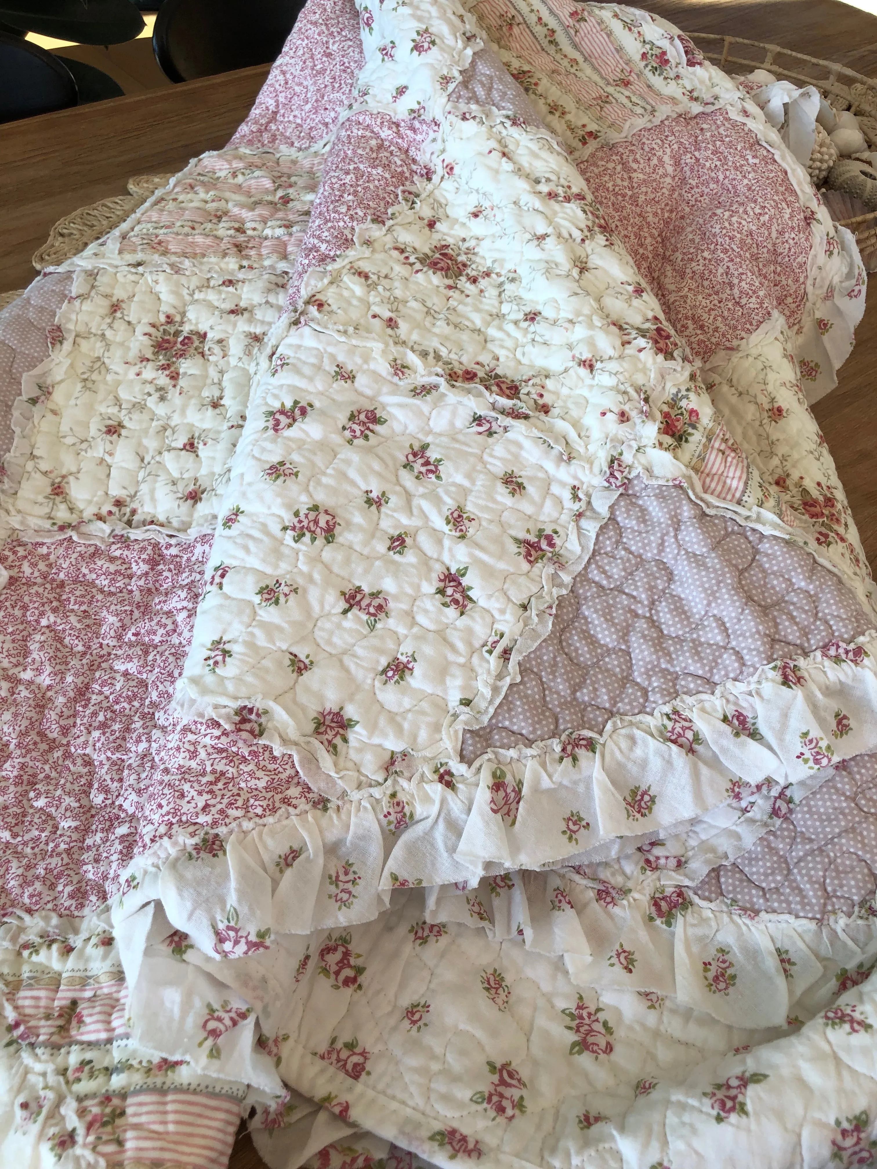 Sarah Rose Floral Multi Quilted Patchwork Cotton Throw Rug with Ruffle Border