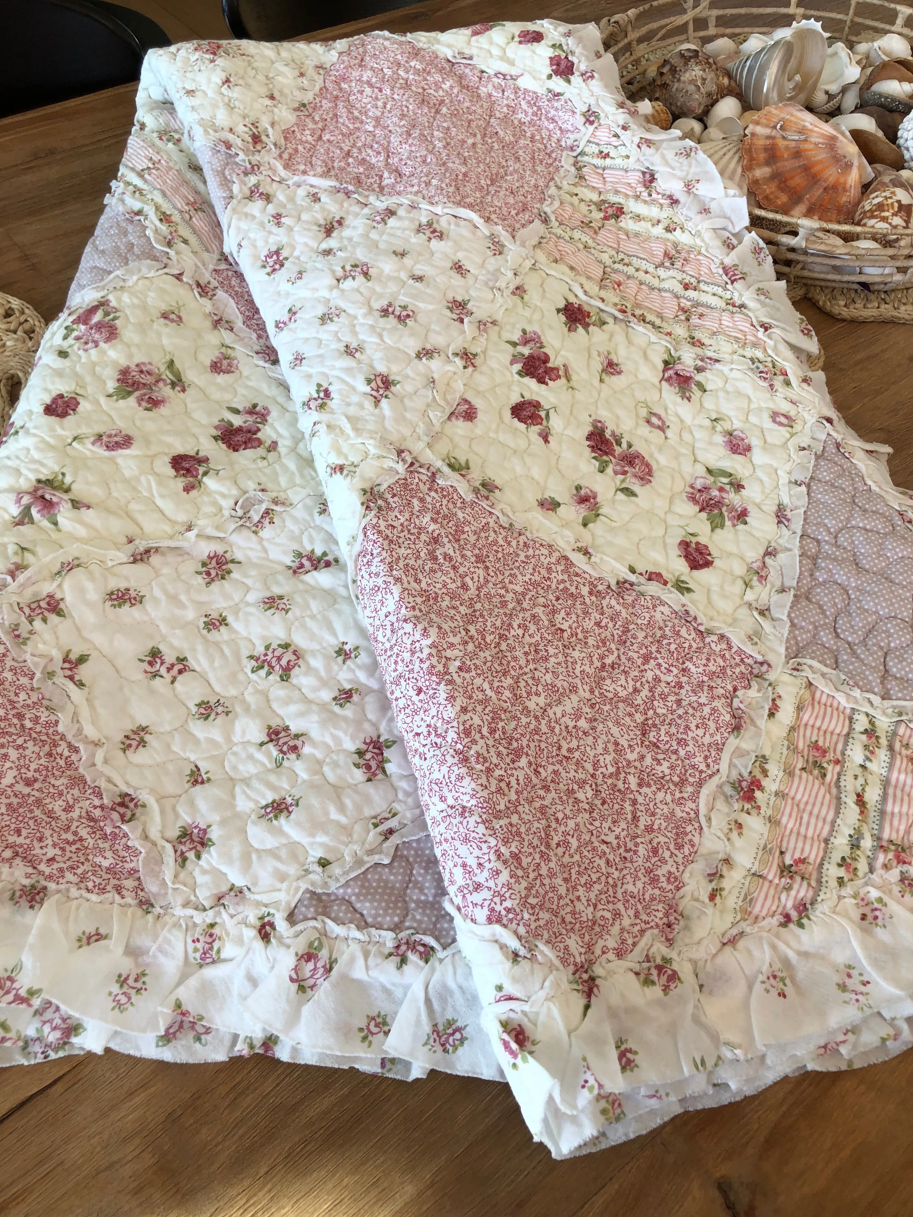 Sarah Rose Floral Multi Quilted Patchwork Cotton Throw Rug with Ruffle Border