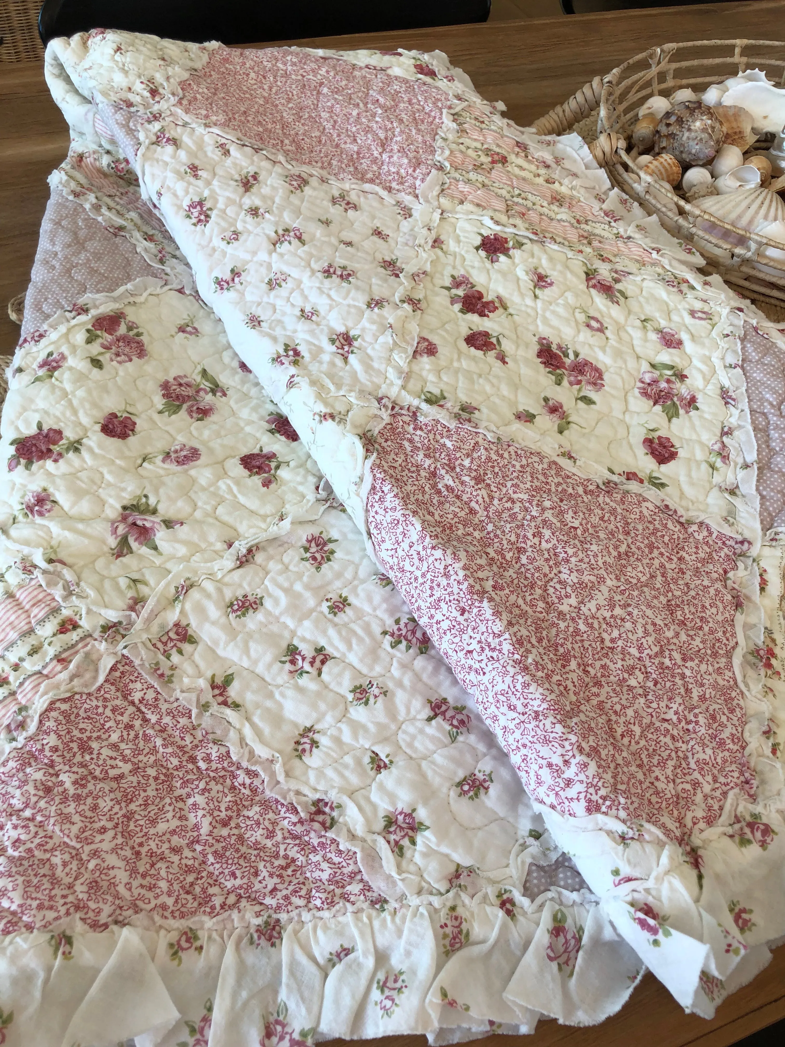 Sarah Rose Floral Multi Quilted Patchwork Cotton Throw Rug with Ruffle Border