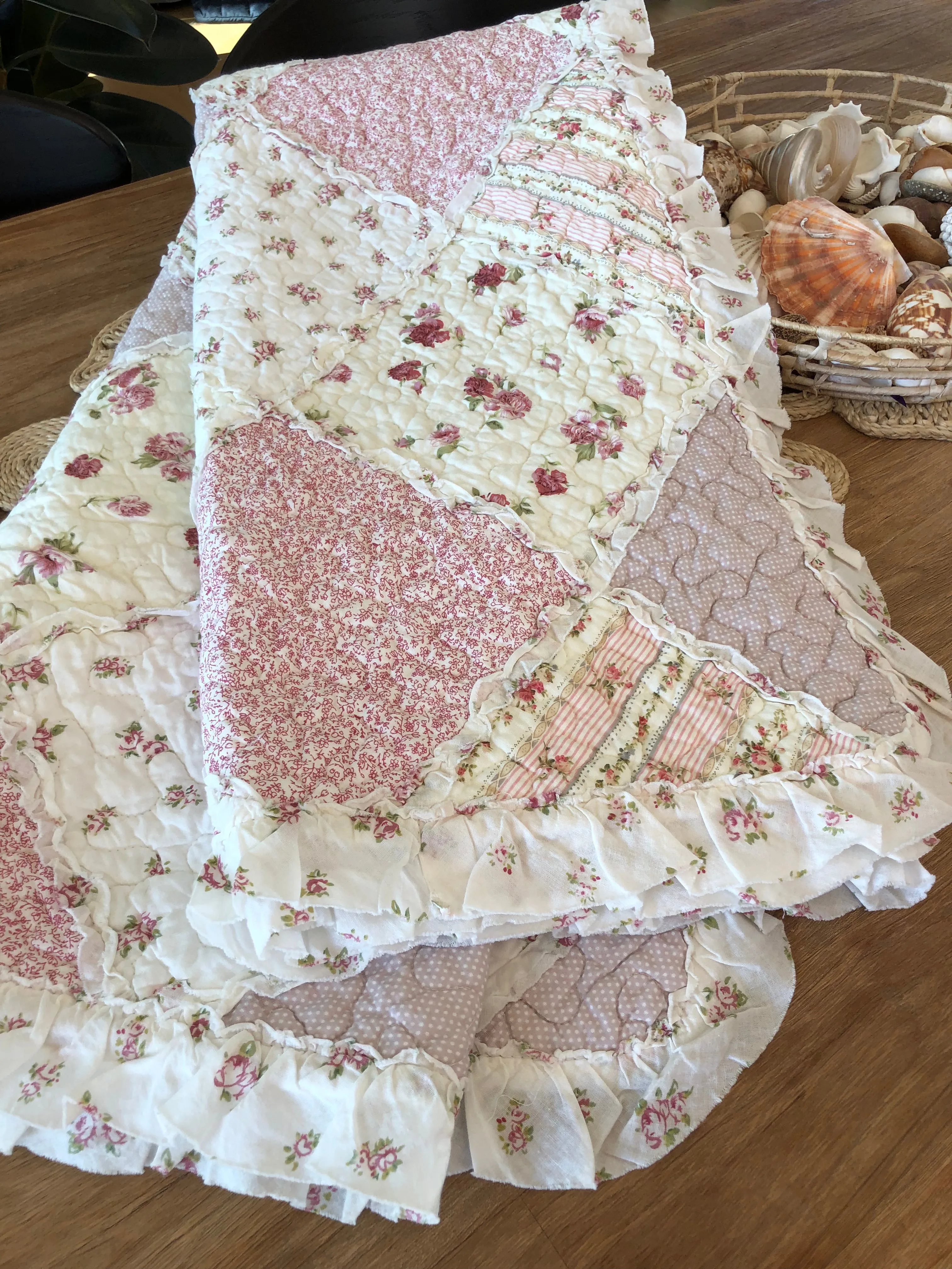 Sarah Rose Floral Multi Quilted Patchwork Cotton Throw Rug with Ruffle Border