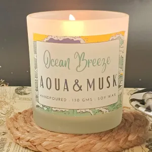 THE TINGE Aqua and Musk Scented Hand Poured Smokeless Pure Soy Wax Glass Jar Candle I Upto 30 Hours I for Diwali Gift I Home Decor, Birthday Gift Fragrance Candle