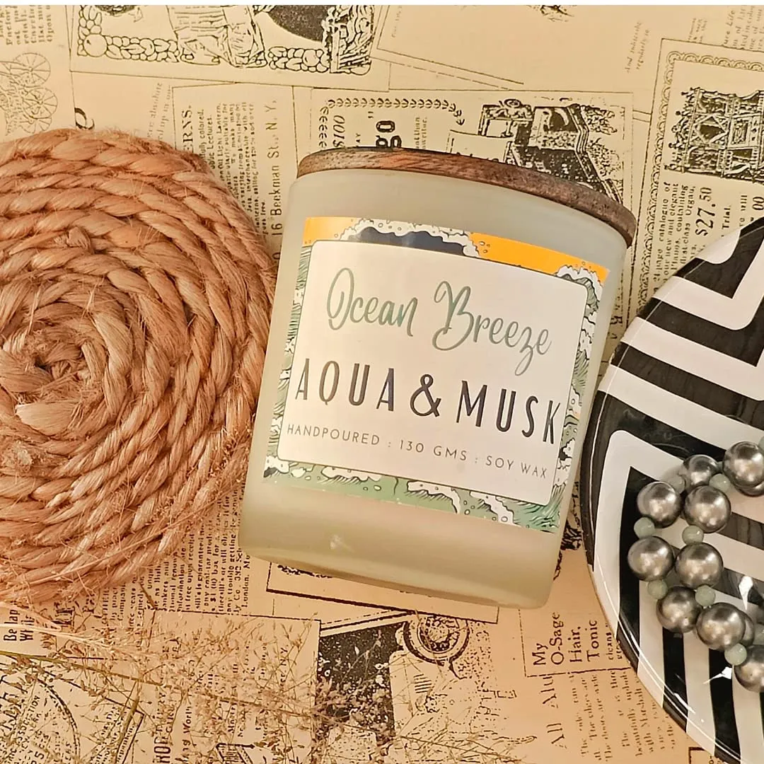 THE TINGE Aqua and Musk Scented Hand Poured Smokeless Pure Soy Wax Glass Jar Candle I Upto 30 Hours I for Diwali Gift I Home Decor, Birthday Gift Fragrance Candle