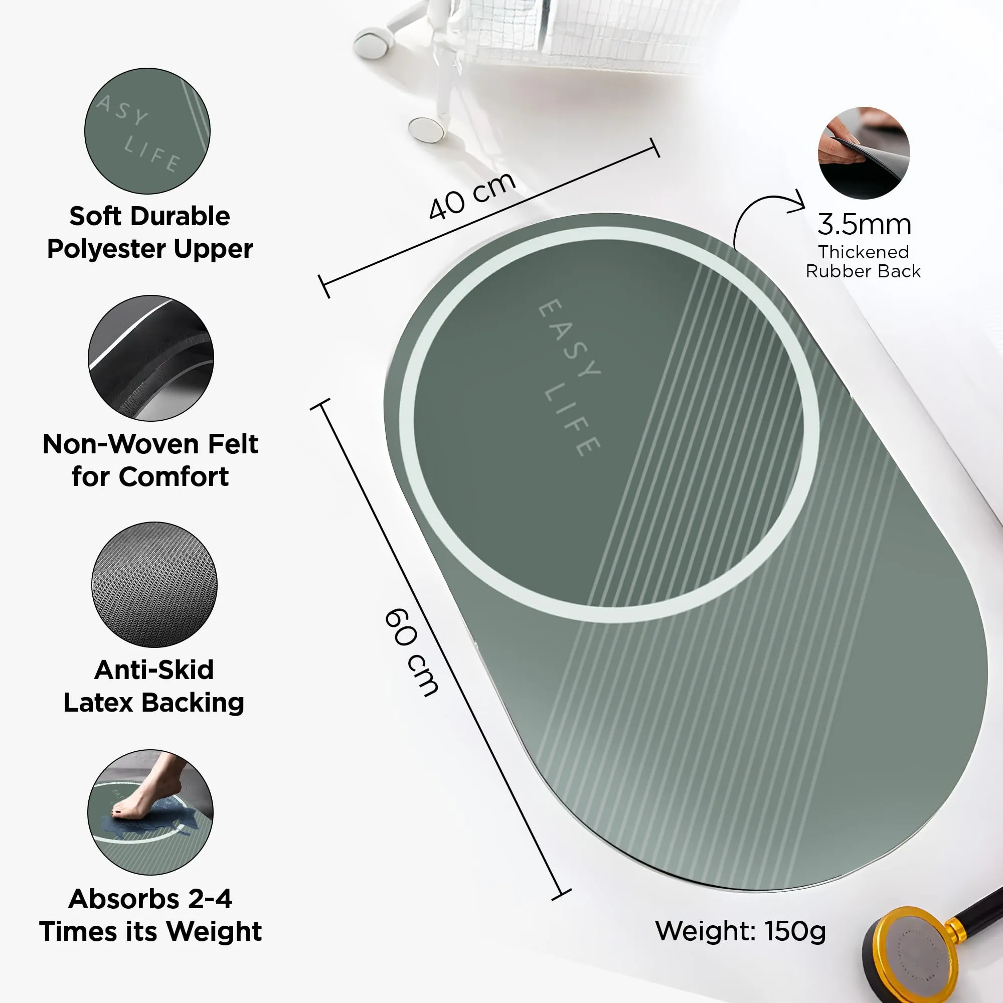 UMAI Polyester Rubber Bathroom Mat (40 * 60cm) Bath Mat | Anti Skid Mat for Bathroom Floor | Bathroom Accessories | Bathroom Mats Water Soak | Non Slip Mat for Bathroom | Floor Mat - Forest Green